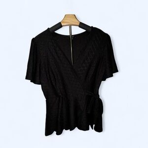 AUW Black Flutter Sleeve Wrap Top